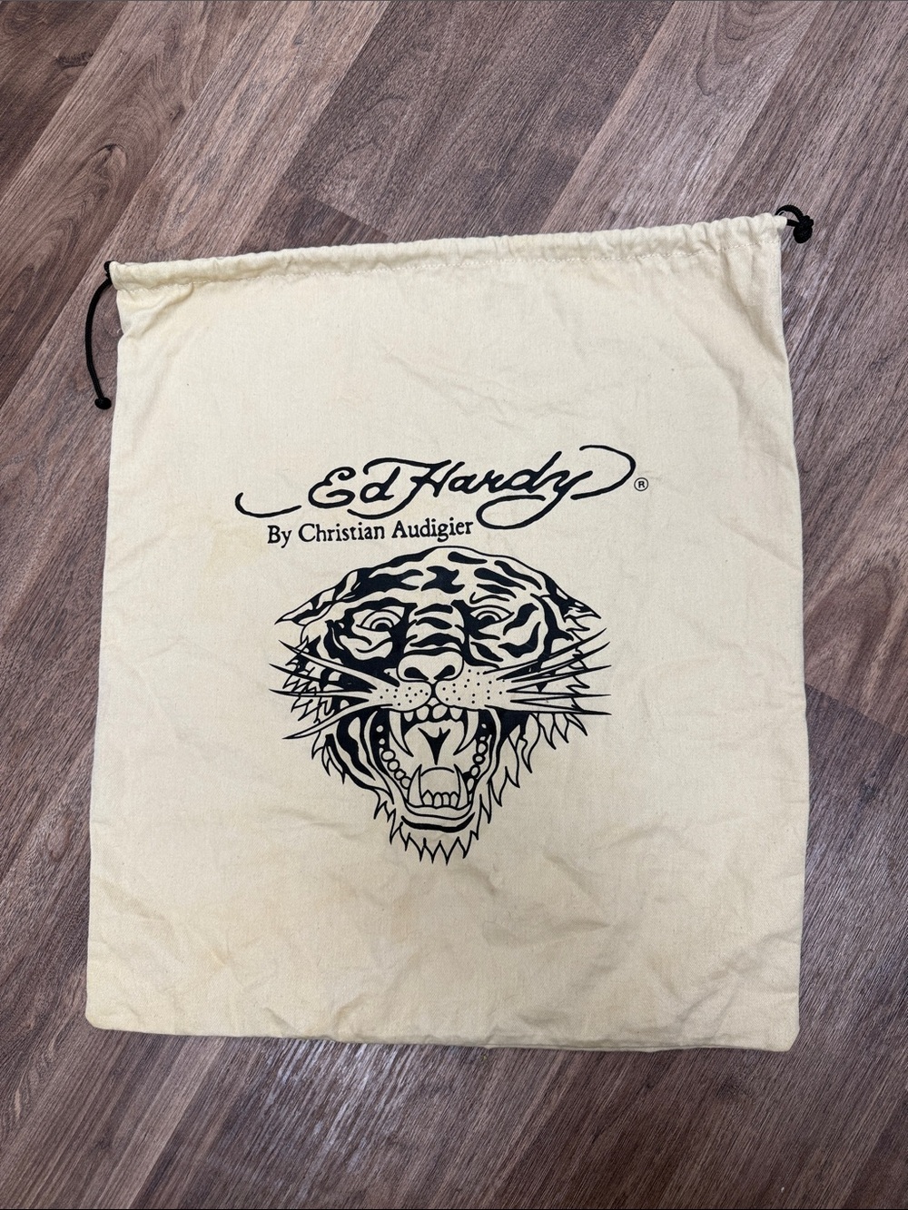 Ed Hardy Beige Drawstring Dust Bag with Black Tiger Logo
